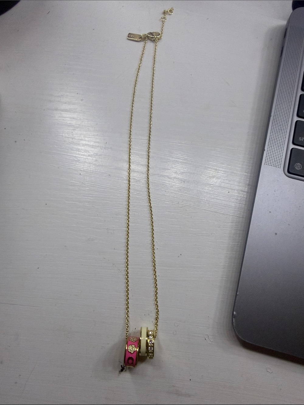 Coach Gold Chain Necklace with Pink and Cream Accent Rings